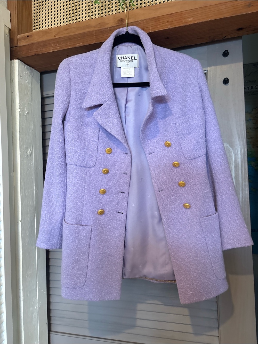 Vintage Chanel 1996 Lavender Bouclé Jacket Coat Gold CC Buttons Size 36 France
